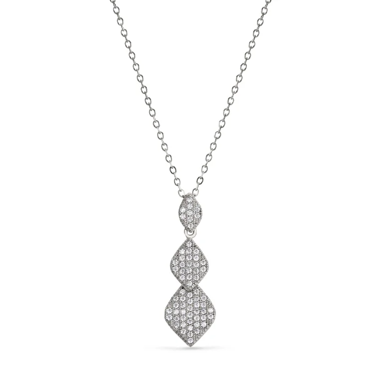 Platinum Finish Sterling Silver Micropave 3 Graduating Diamond Shapes Pendant with Simulated Diamonds