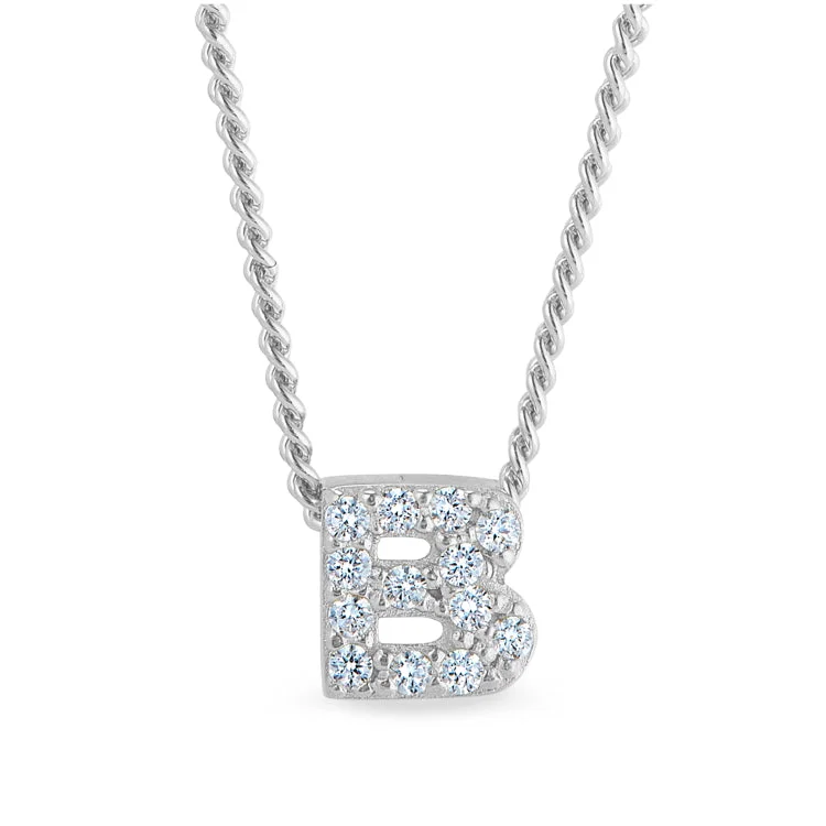 Platinum Finish Sterling Silver Micropave B Initial Pendant with Simulated Diamonds on 18