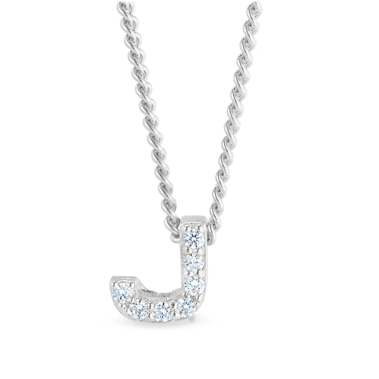 Platinum Finish Sterling Silver Micropave J Initial Pendant with Simulated Diamonds on 18