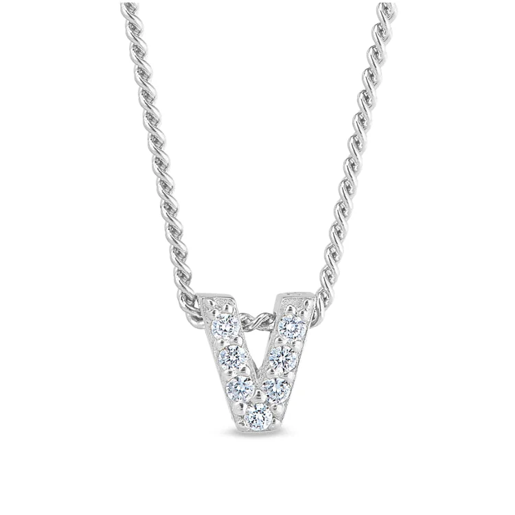 Platinum Finish Sterling Silver Micropave V Initial Pendant with Simulated Diamonds on 18