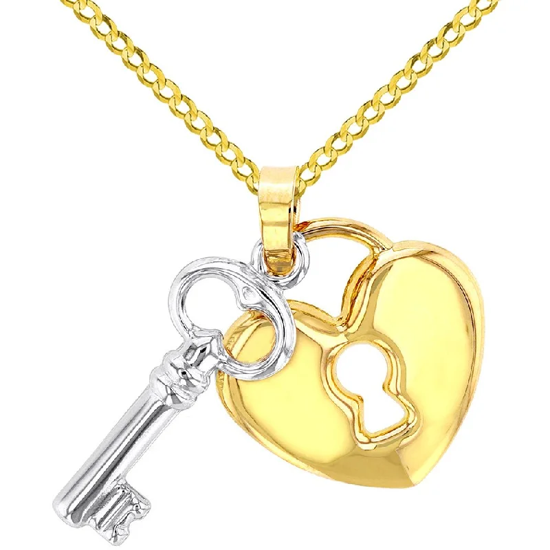 Polished 14K Yellow Gold Heart with White Gold Love Key Pendant with Cable, Curb, or Figaro Chain Necklaces