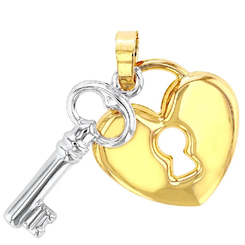 Polished 14K Yellow Gold Heart with White Gold Love Key Pendant with Cable, Curb, or Figaro Chain Necklaces