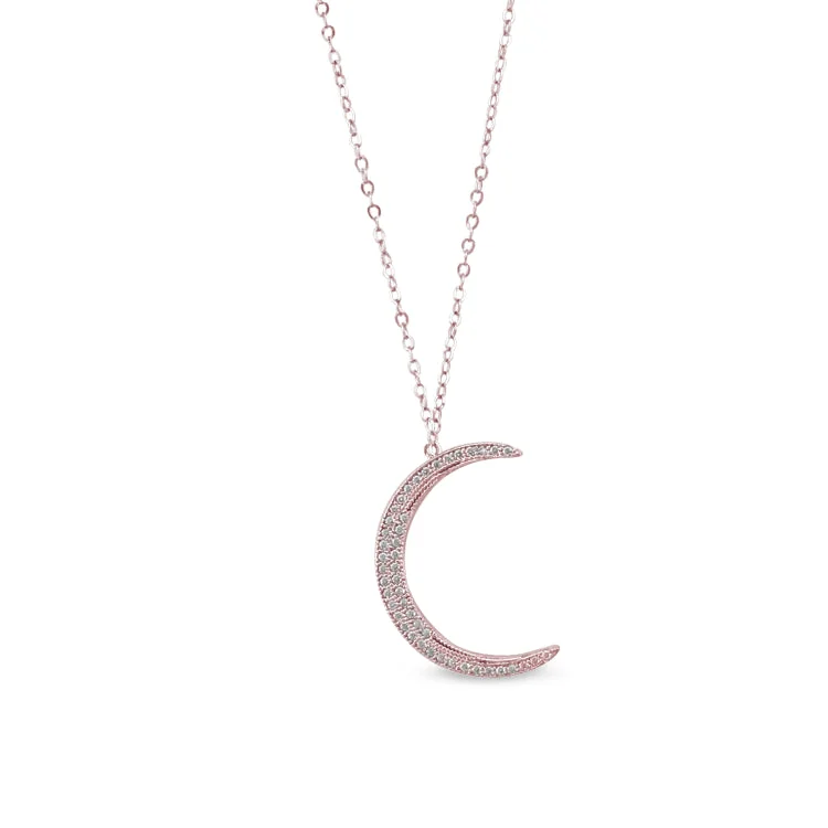 Rose Gold Finish Sterling Silver Micropave Crescent Moon Pendant with Simulated Diamonds on 18