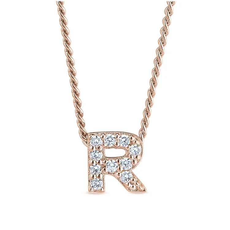 Rose Gold Finish Sterling Silver Micropave R Initial Pendant with Simulated Diamonds on 18