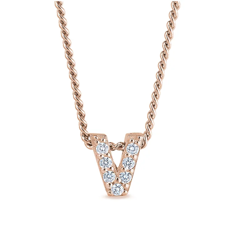 Rose Gold Finish Sterling Silver Micropave V Initial Pendant with Simulated Diamonds on 18