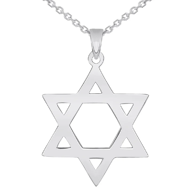 Solid 14k White Gold 1mm Thick Star Of David Pendant Necklace