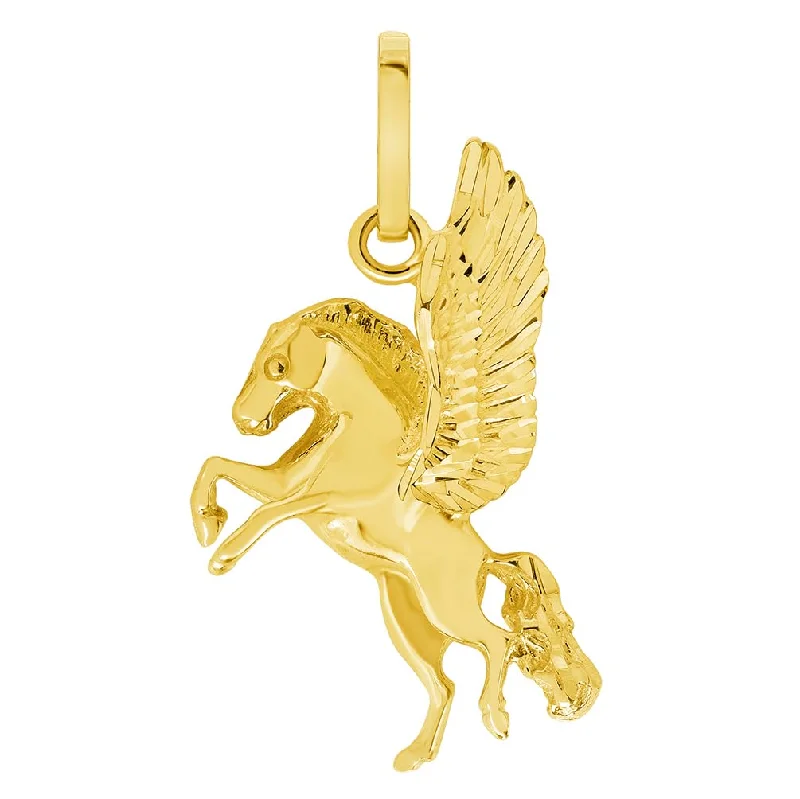 Solid 14k Yellow Gold Flying Pegasus Horse Pendant with Rolo Cable, Cuban Curb, or Figaro Chain Necklace