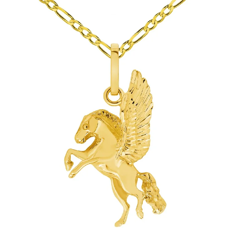 Solid 14k Yellow Gold Flying Pegasus Horse Pendant with Rolo Cable, Cuban Curb, or Figaro Chain Necklace