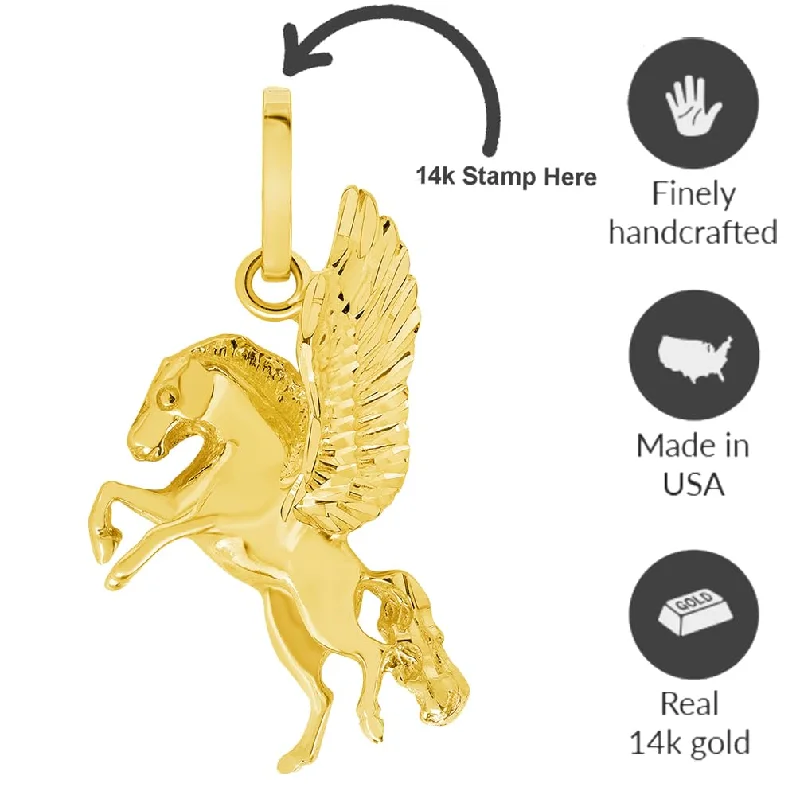 Solid 14k Yellow Gold Flying Pegasus Horse Pendant with Rolo Cable, Cuban Curb, or Figaro Chain Necklace