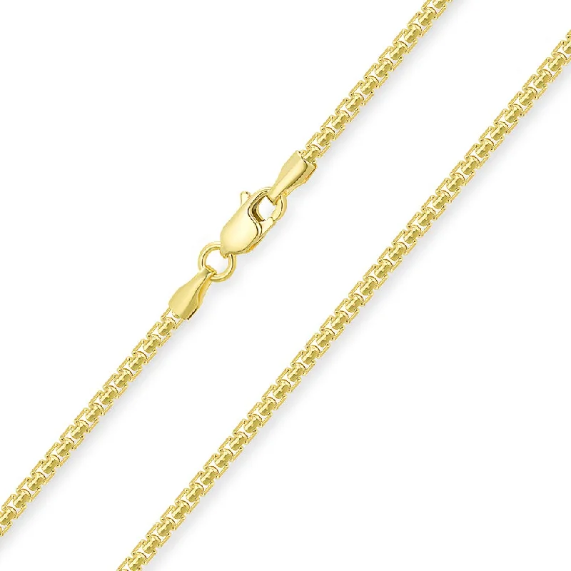 Solid 14k Yellow Gold or White Gold 2mm Round Box Link Chain Necklace with Lobster Claw Clasp