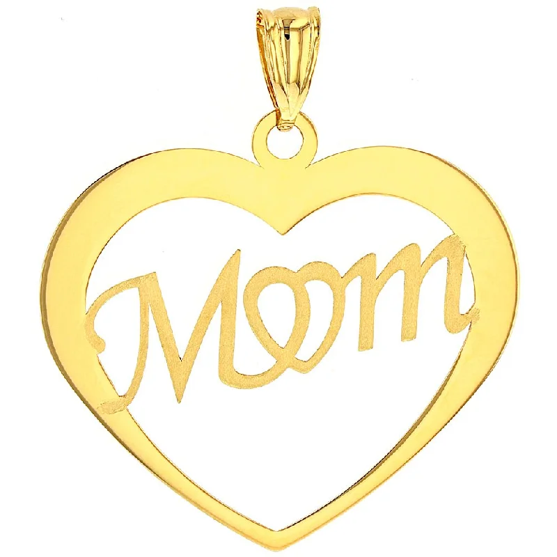 Solid 14K Yellow Gold Simple Heart with Mom Pendant with Cable, Curb, or Figaro Chain Necklaces