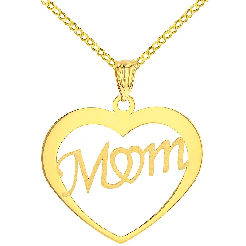 Solid 14K Yellow Gold Simple Heart with Mom Pendant with Cable, Curb, or Figaro Chain Necklaces