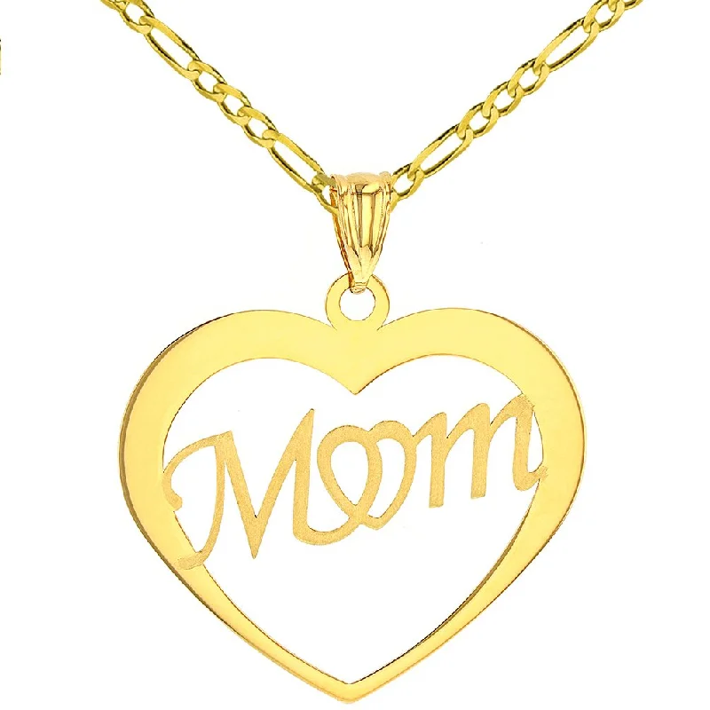 Solid 14K Yellow Gold Simple Heart with Mom Pendant with Cable, Curb, or Figaro Chain Necklaces