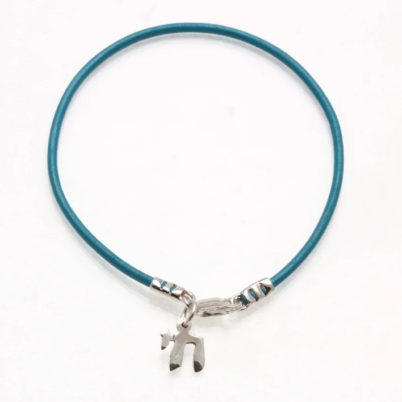 Sterling Silver Chai Turquoise Leather Bracelet Judaica