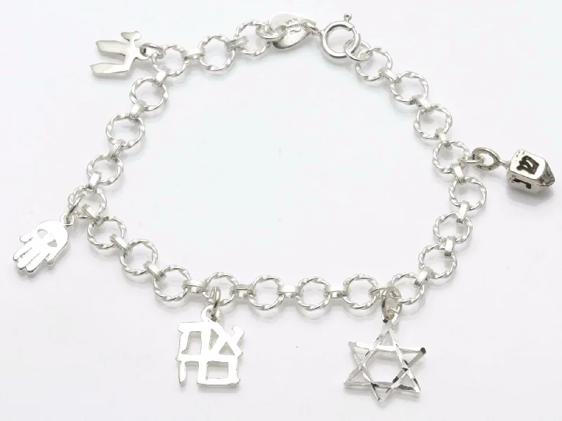 Sterling Silver Jewish Symbol Charm Bracelet Judaica