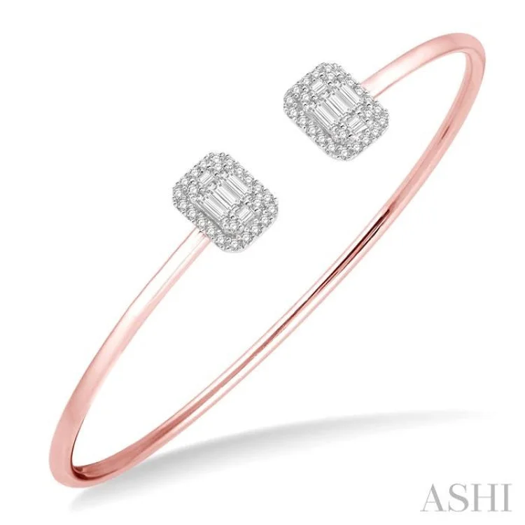 5/8 Ctw Emerald Shape Lovebright Open Cuff Diamond Bangle in 14K Rose and White Gold