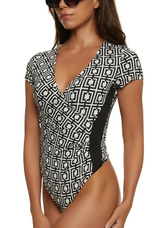 Printed Faux Wrap Short Sleeve Bodysuit