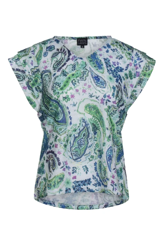 V neck Top with flutter sleeve | GREEN PAISLEY | 6809AR